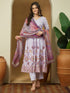 Janasya Women's Lavender Cotton Blend Ethnic Motifs Printed Anarkali Kurta Set